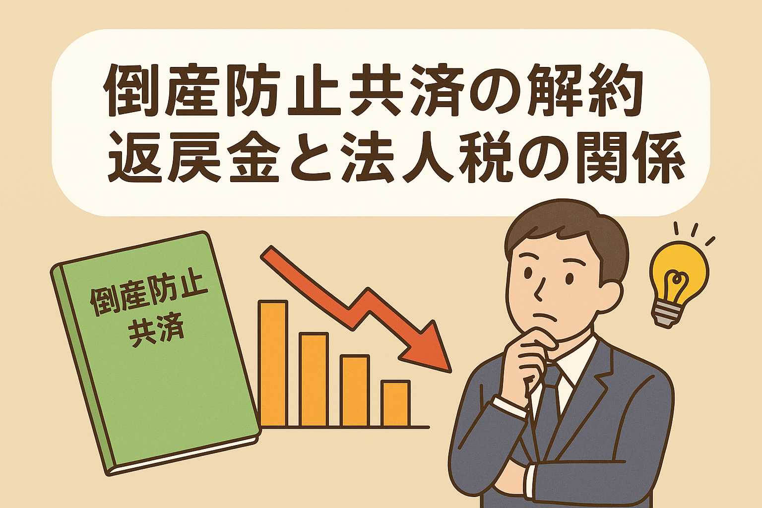 倒産防止共済の解約返戻金と法人税の関係をイメージしたアイキャッチ。ベージュ背景に、共済冊子・下降グラフ・悩むビジネスマンと電球が描かれている。