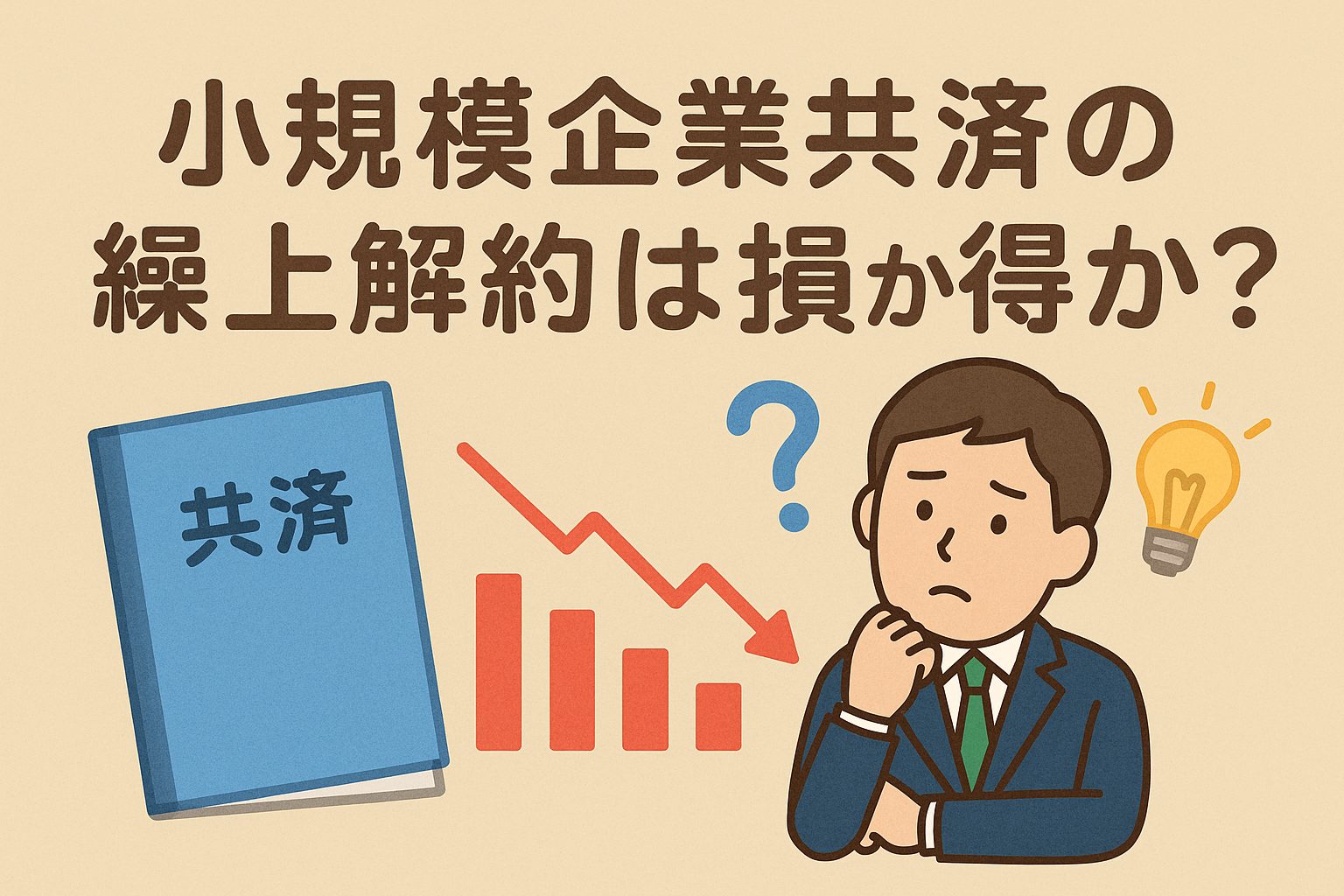 小規模企業共済の繰上解約が損か得かを表現したアイキャッチ。ベージュ背景に共済冊子、下向きグラフ、悩むビジネスマンと電球・疑問符が描かれている。