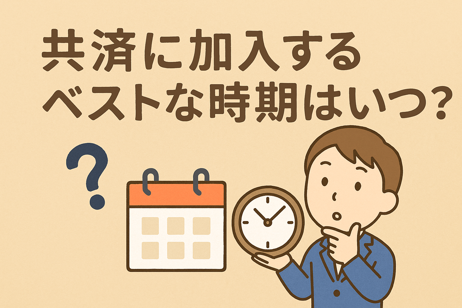 共済に加入するベストな時期を表すイラスト。ベージュ背景にカレンダーと時計を持つスーツ姿の男性、疑問符のアイコンが描かれている。