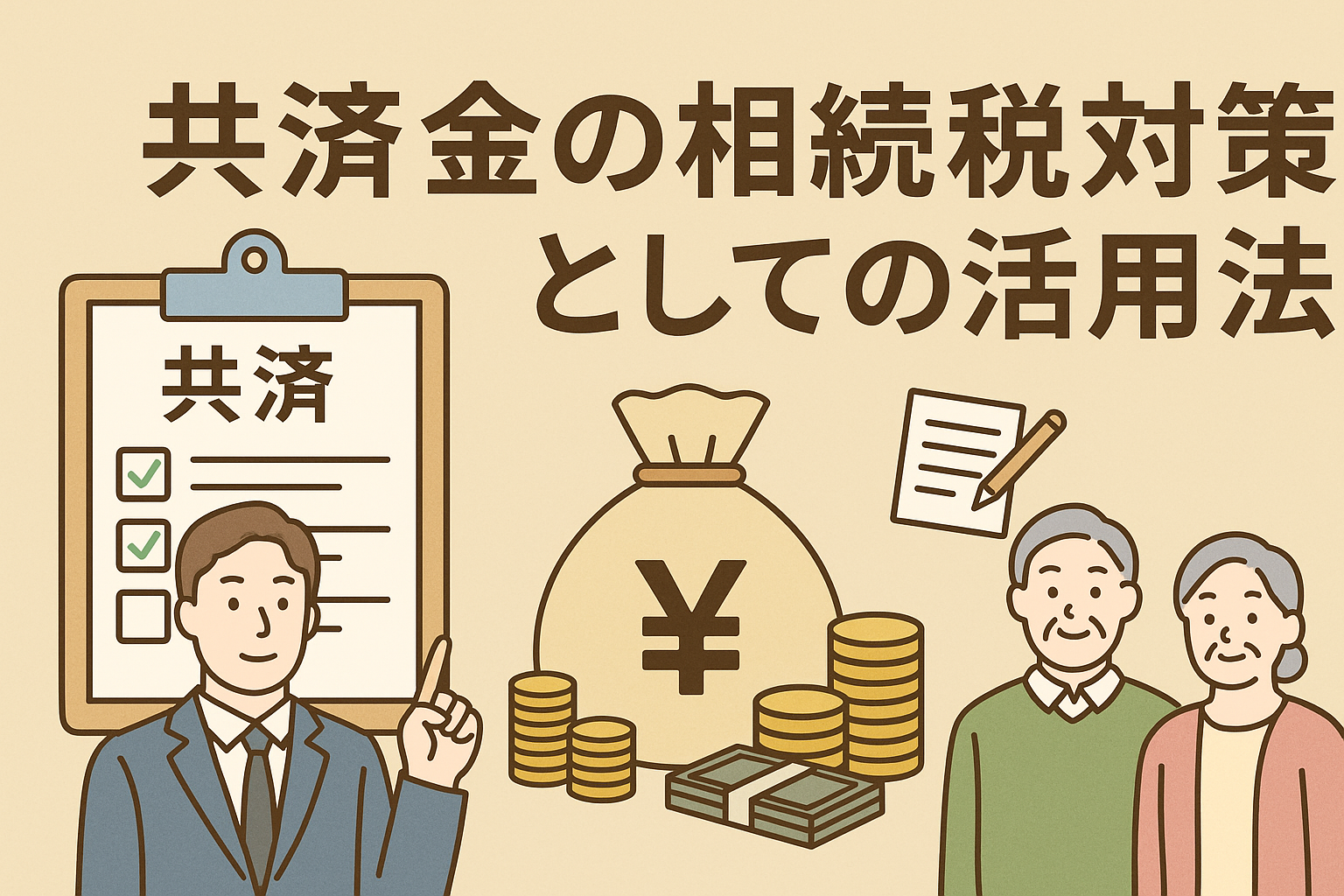 共済金を相続税対策に活用する方法を解説する記事のアイキャッチ画像。ベージュを基調にした親しみやすいデザイン。