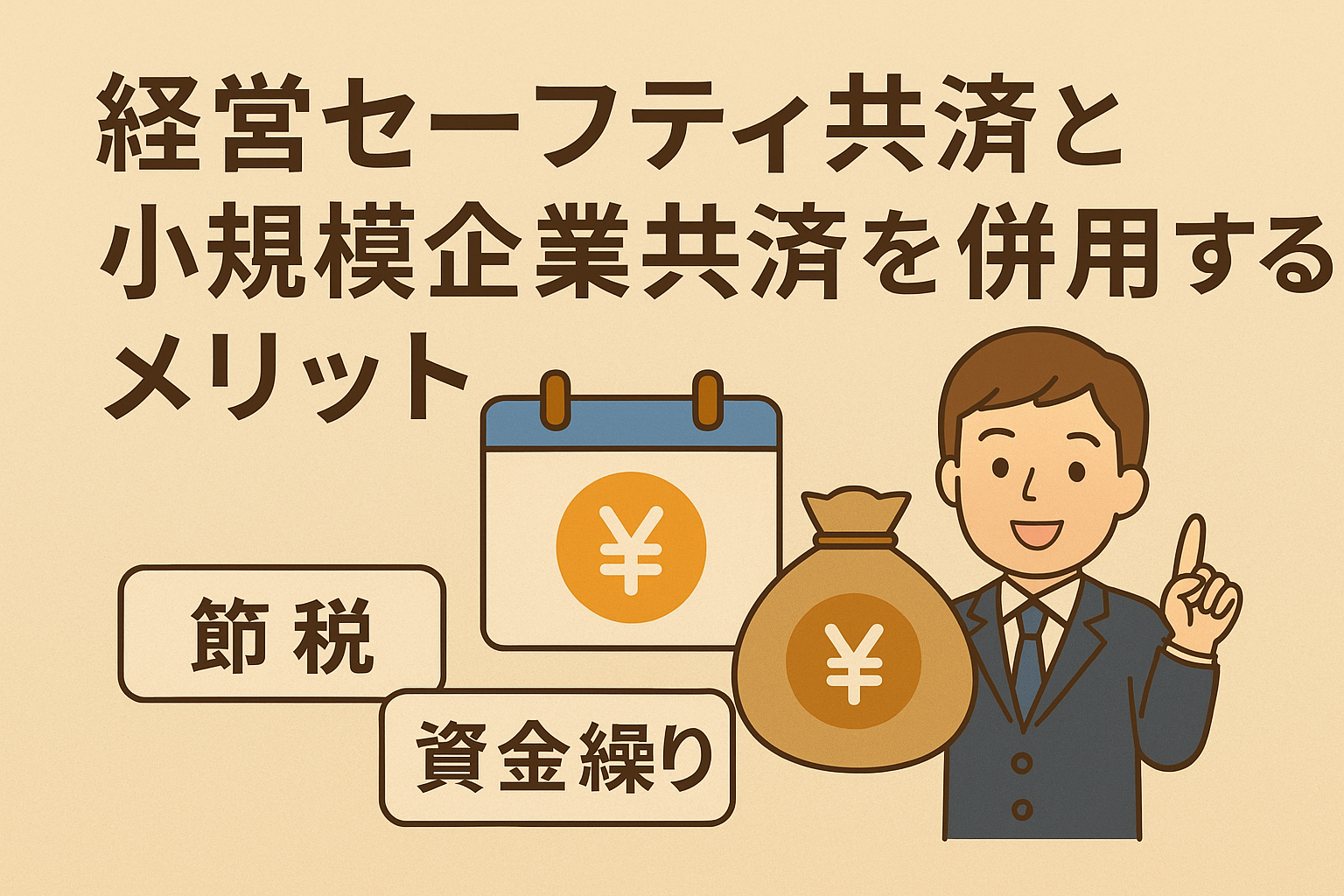 経営セーフティ共済と小規模企業共済を併用するメリットを解説する記事用アイキャッチ画像。ベージュを基調とした親しみやすいデザイン。
