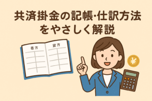 共済掛金の記帳・仕訳方法をやさしく解説する記事のアイキャッチ画像。会計や経理の初心者向けに、分かりやすく安心感のある雰囲気で表現。
