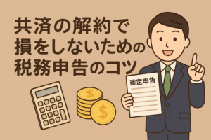 共済の解約で損をしないための税務申告のコツを解説するイラスト。スーツ姿の男性が「確定申告」と書かれた書類を持ち、電卓とコインが描かれている。