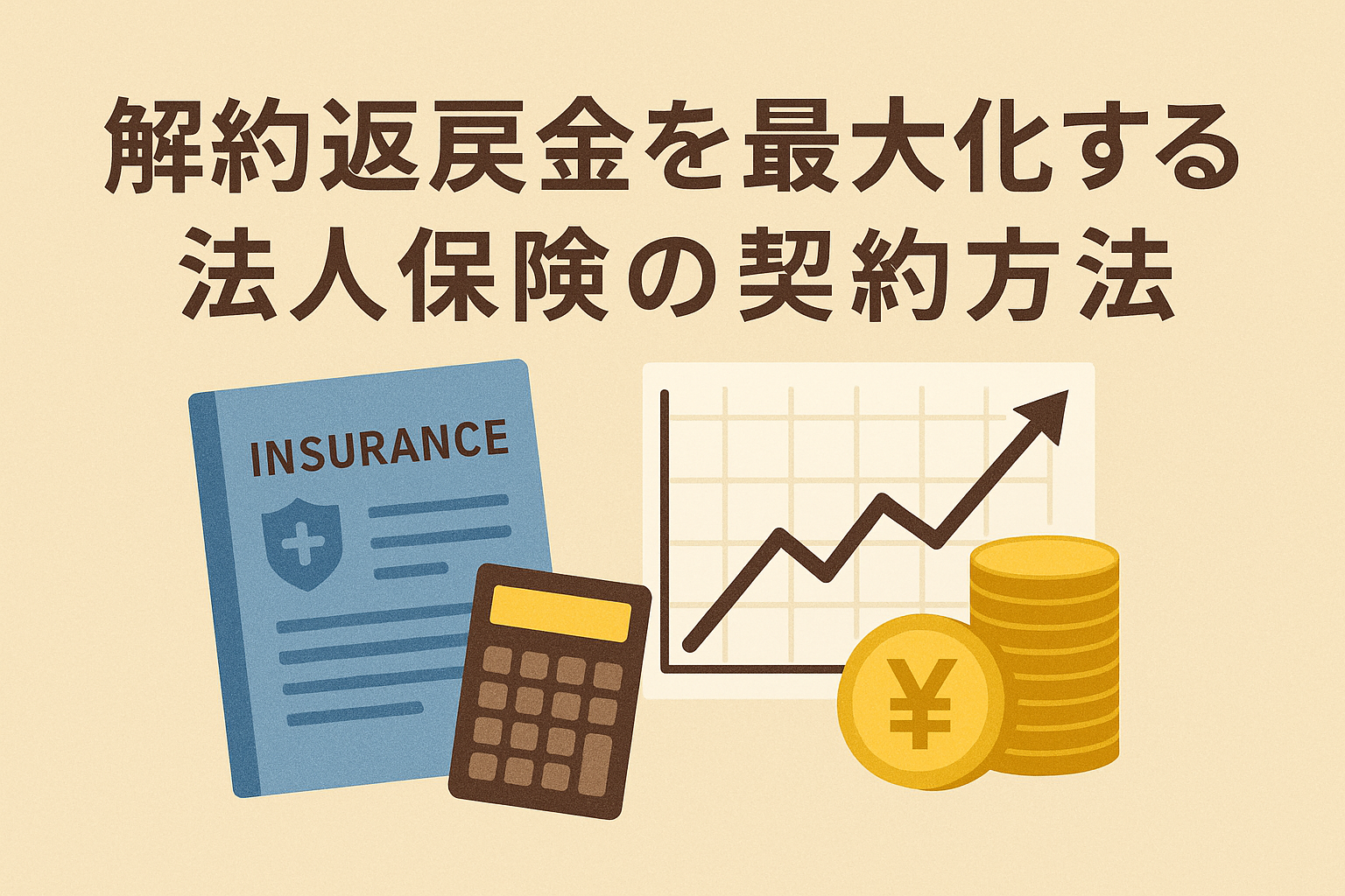 法人保険の解約返戻金を最大化する契約方法を解説する記事用アイキャッチ画像。保険証券、電卓、上昇するグラフ、コインのイラスト入り。