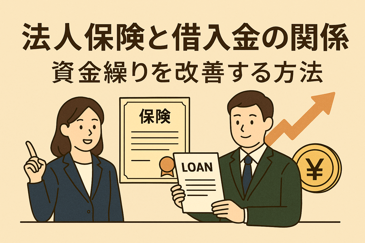 法人保険と借入金の関係をテーマにしたイラスト。スーツ姿の男女、保険証書、ローン契約書、円マークのコイン、上昇矢印が描かれている。