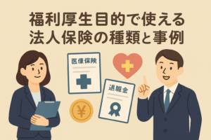 福利厚生目的で使える法人保険の種類と事例をテーマにしたイラスト。スーツ姿の男女、医療保険や退職金の書類、ハートと円マークのアイコンを配置。