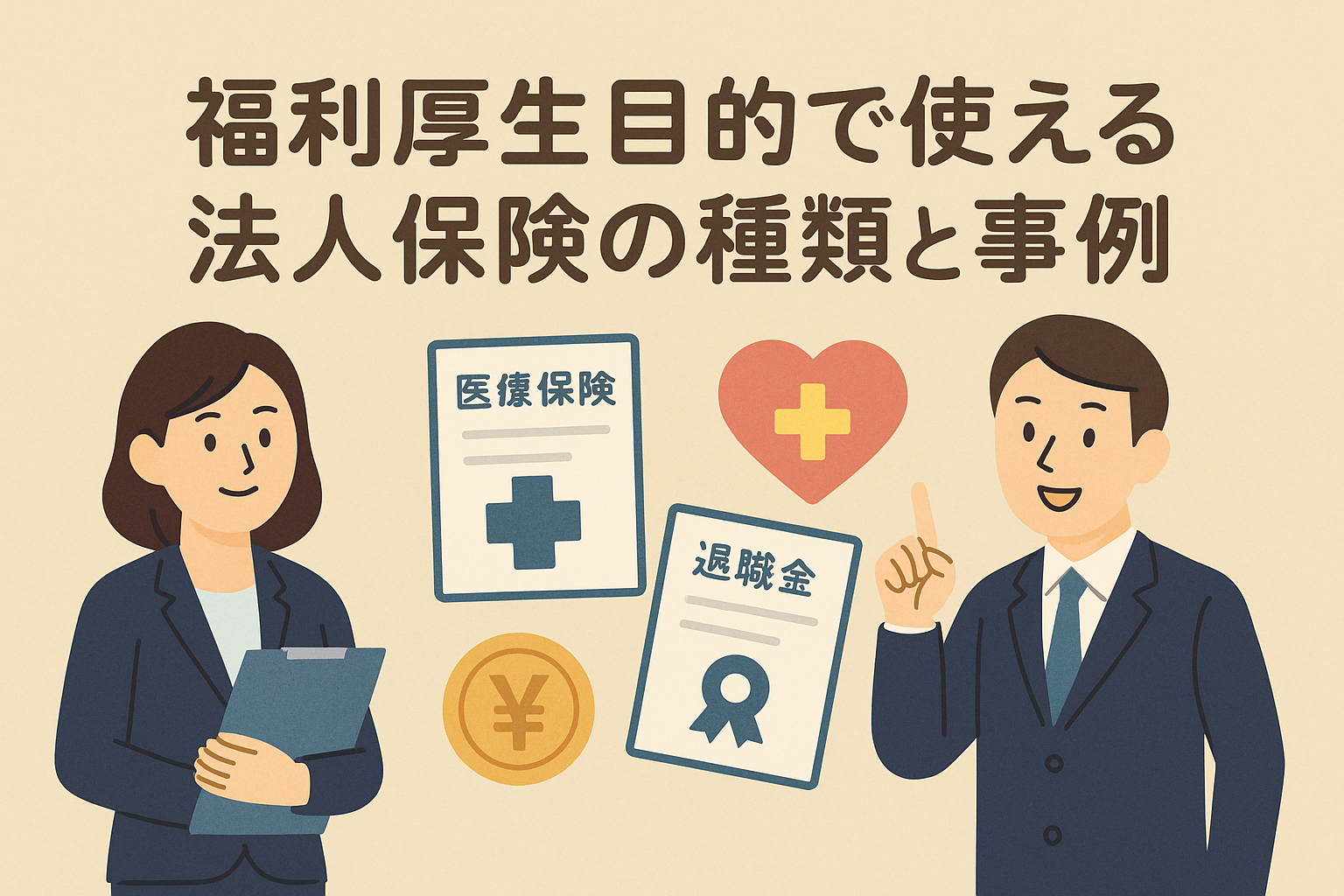 福利厚生目的で使える法人保険の種類と事例をテーマにしたイラスト。スーツ姿の男女、医療保険や退職金の書類、ハートと円マークのアイコンを配置。