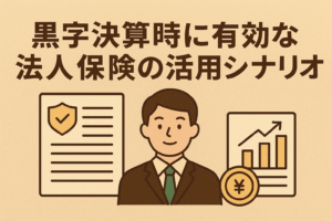 黒字決算時に有効な法人保険の活用シナリオをテーマにしたイラスト。スーツ姿の男性、保険証書、円マークと上昇グラフが描かれている。