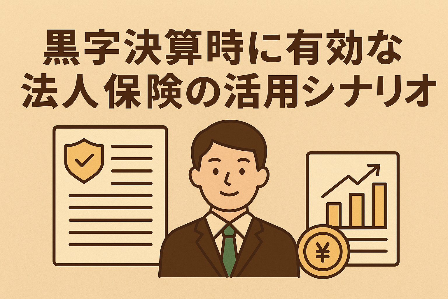 黒字決算時に有効な法人保険の活用シナリオをテーマにしたイラスト。スーツ姿の男性、保険証書、円マークと上昇グラフが描かれている。