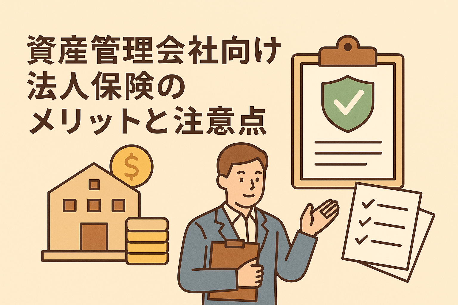 資産管理会社向け法人保険のメリットと注意点を表すイラスト。ビル、コイン、チェックリスト、保険の象徴アイコンが描かれている。