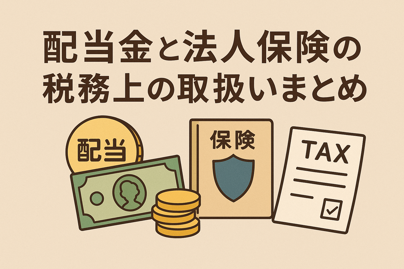 配当金と法人保険の税務上の取扱いを解説する記事用アイキャッチ画像。配当金、保険、税金のイラストと日本語タイトル入り