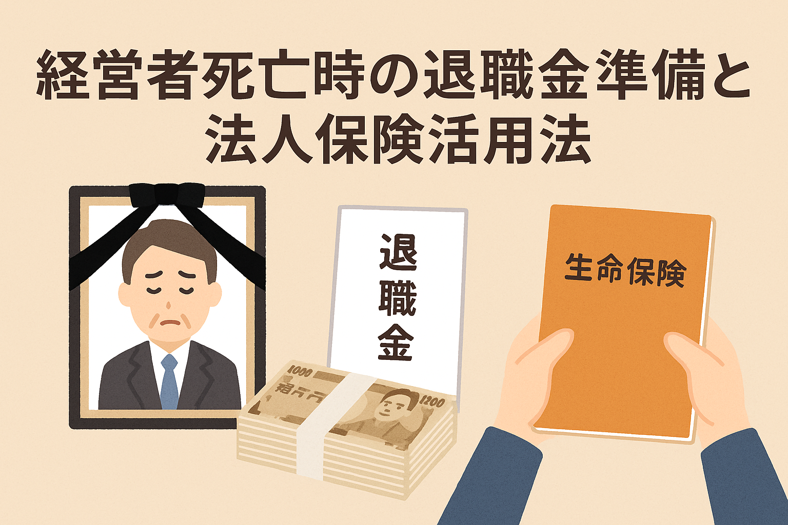 経営者死亡時の退職金準備と法人保険活用法を解説するイメージ。遺影、退職金の封筒と札束、生命保険の冊子を描いたイラスト。