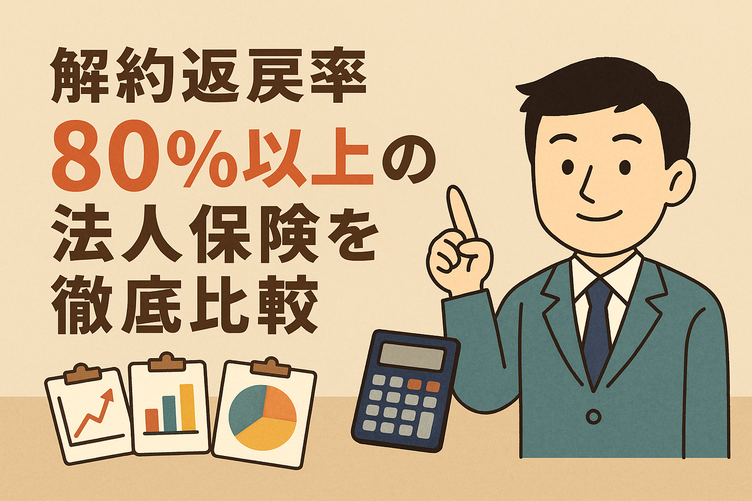 解約返戻率80%以上の法人保険を比較するイメージイラスト。スーツ姿の経営者、グラフ、電卓が描かれた親しみやすいデザイン。