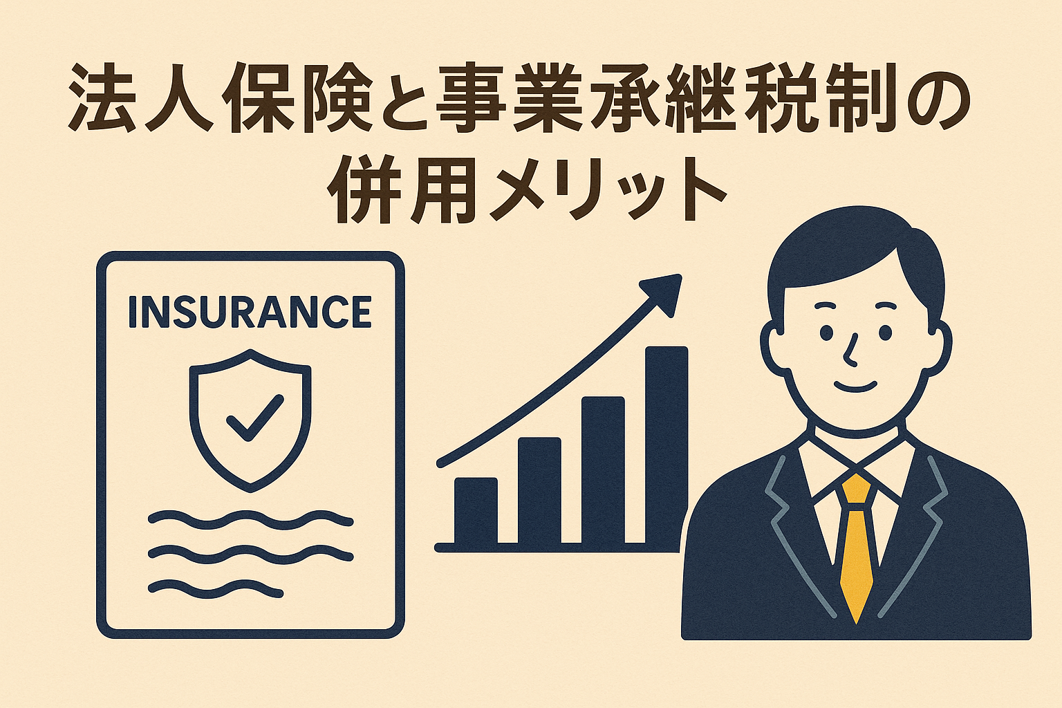 法人保険と事業承継税制を活用するメリットを示すイラスト。保険証券と成長グラフ、ビジネスマンのイメージ。