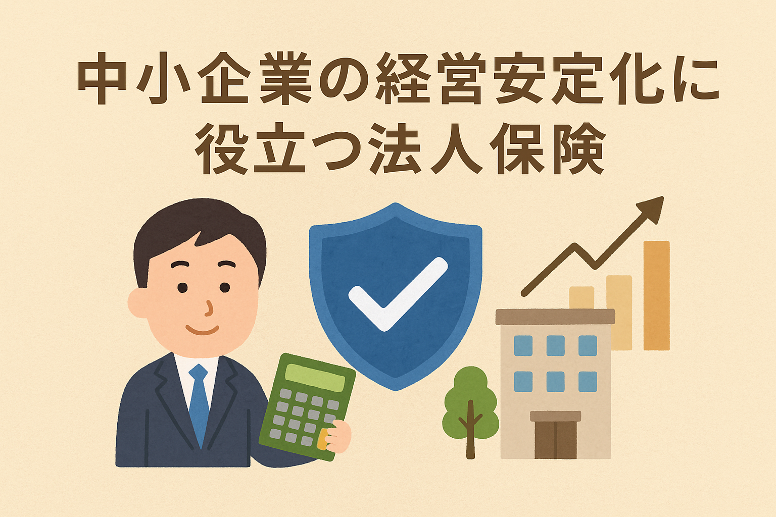 中小企業の経営安定化に役立つ法人保険を解説するイメージ。経営者、保険の盾、オフィスビル、成長グラフのイラスト。
