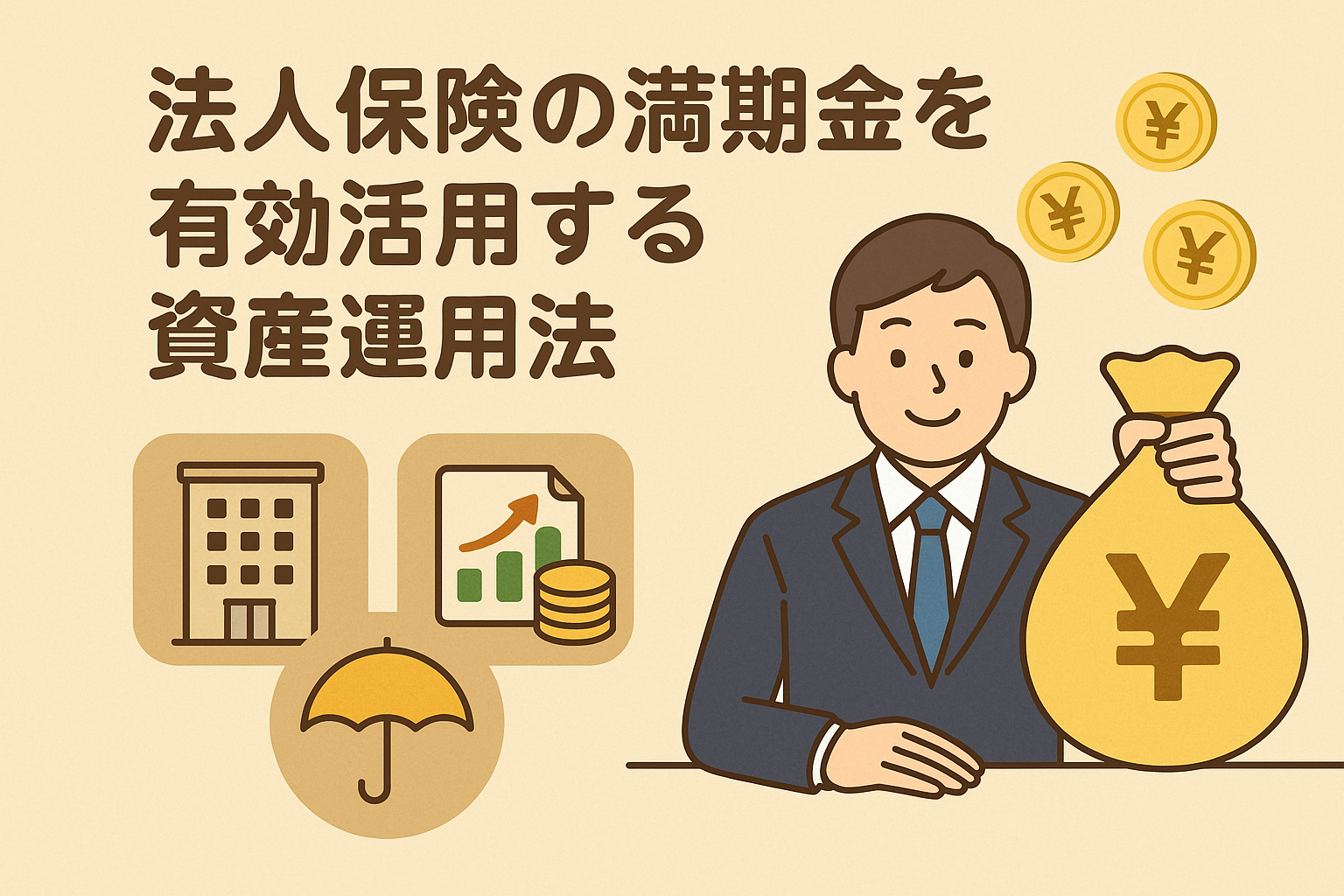 法人保険の満期金を資産運用に活用する方法を表すイラスト（ビジネスマンとお金の袋、投資アイコン入り）