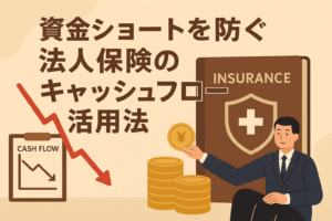 資金ショートを防ぐための法人保険のキャッシュフロー活用法を解説する記事用のアイキャッチ画像。保険と現金流れを象徴するイラスト付き。