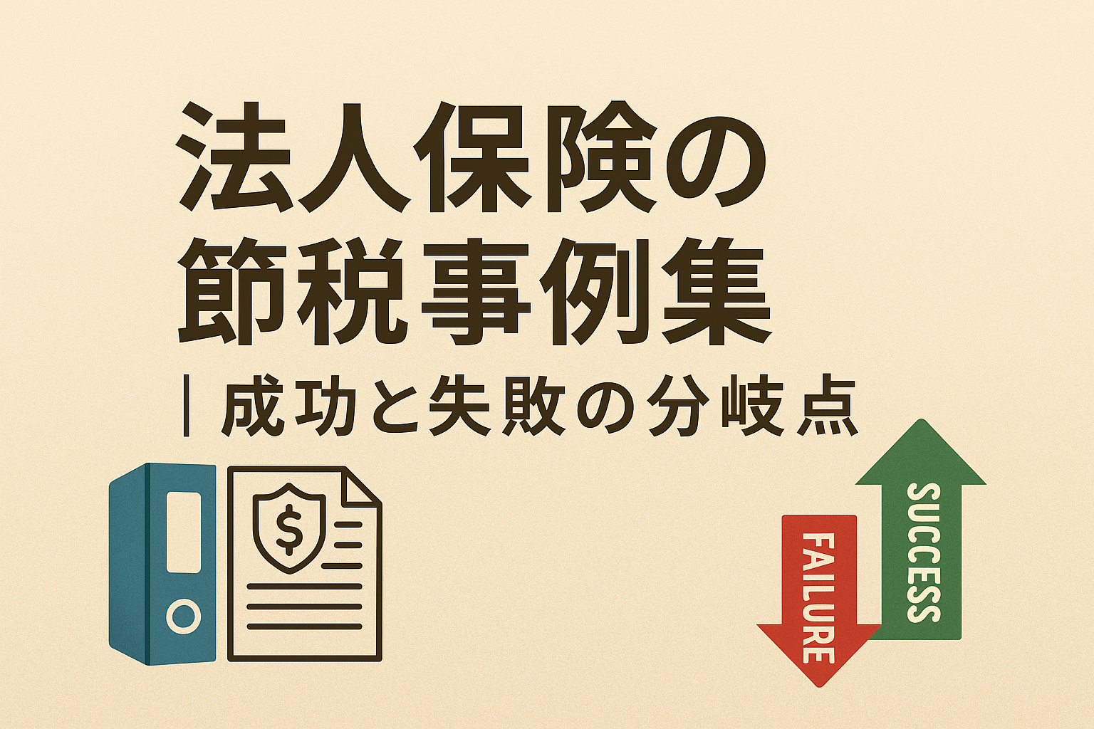 法人保険の節税事例集をテーマに、成功と失敗の分岐点を示す矢印と書類のイラスト入りアイキャッチ画像