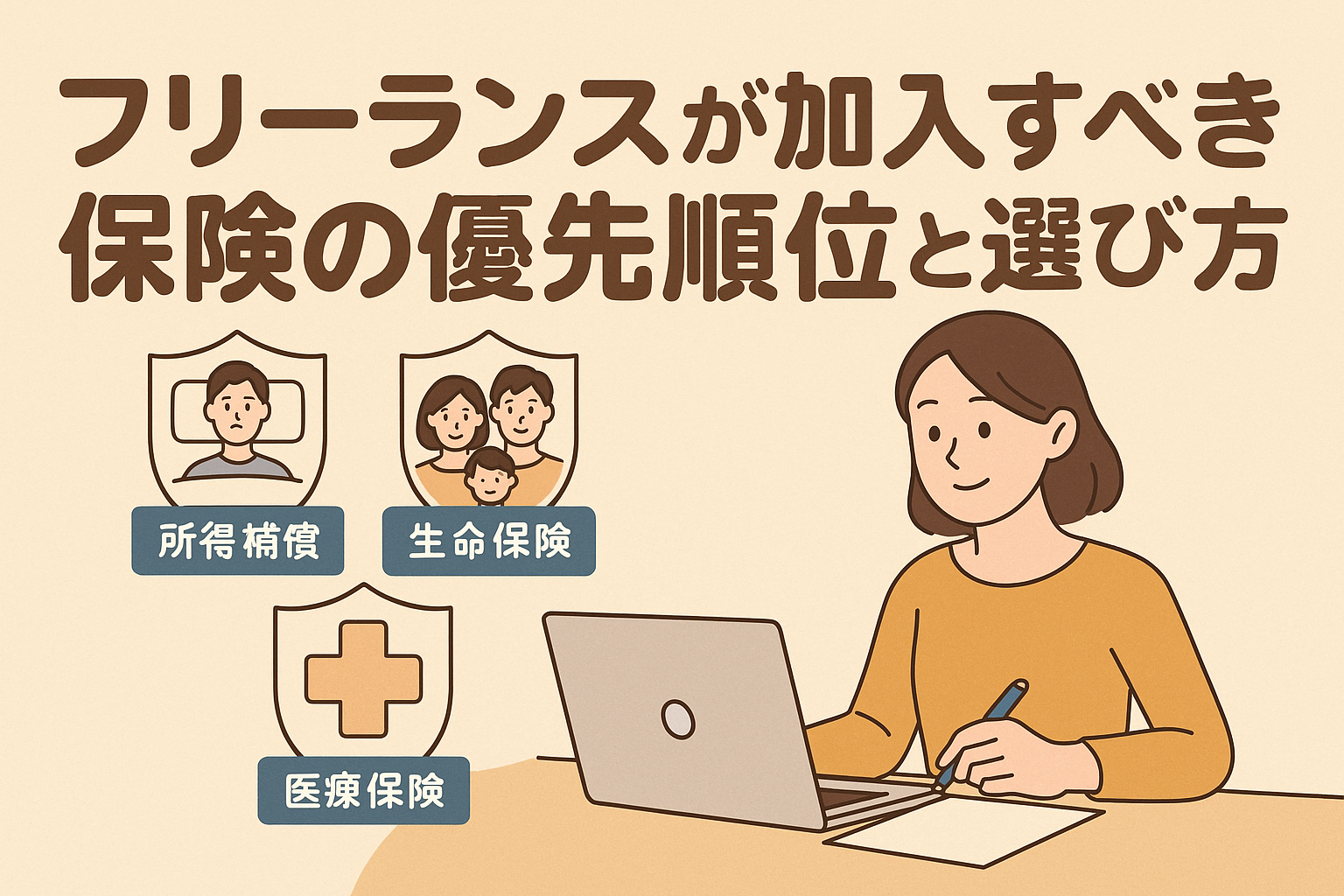 フリーランスが加入すべき保険の優先順位と選び方を解説する記事のアイキャッチ画像。パソコンで仕事をする女性と、所得補償・生命保険・医療保険を示すイラストが描かれている。