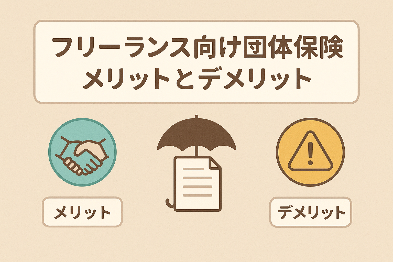 フリーランス向け団体保険のメリットとデメリットを解説する記事用アイキャッチ画像。ベージュ基調で親しみやすいデザイン。