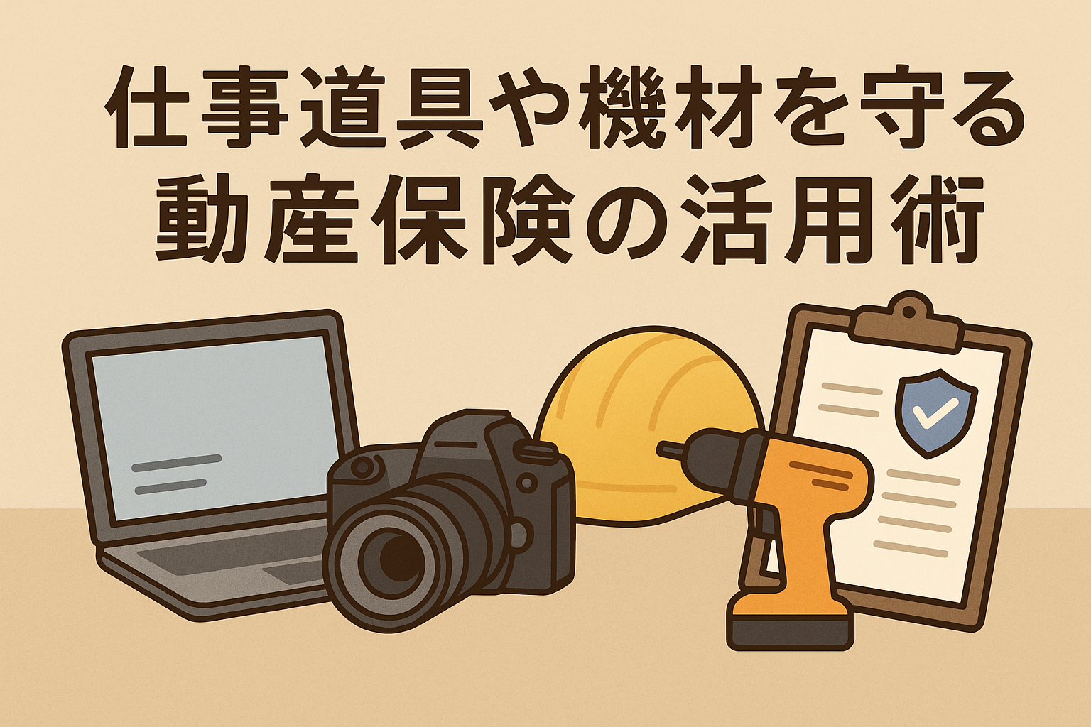 仕事道具や機材を守る動産保険の活用術を表すイラスト。ノートPC、カメラ、ヘルメット、電動ドリル、保険書類が描かれている。