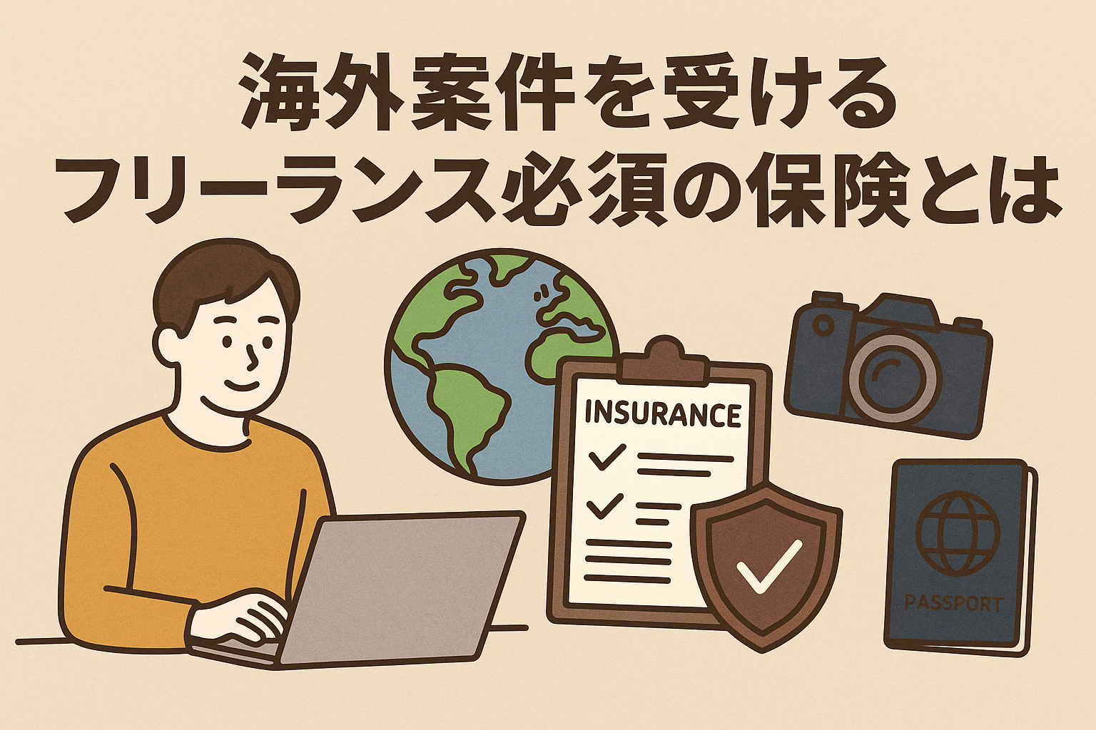 海外案件を受けるフリーランスに必要な保険をテーマにしたアイキャッチ画像。ノートPCで作業する人物、地球儀、保険書類、カメラ、パスポートが描かれている。