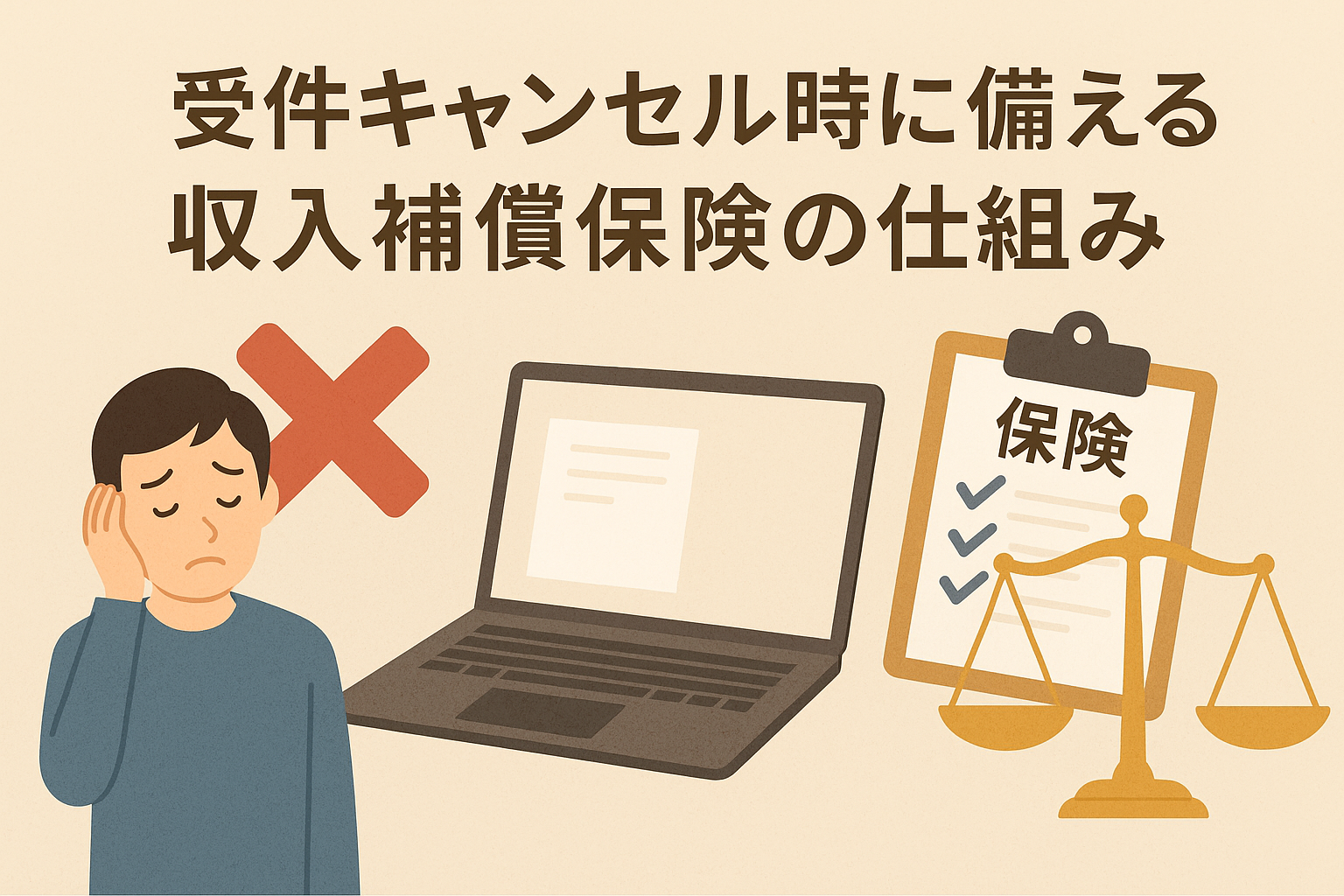 案件キャンセルに備える収入補償保険をテーマにしたアイキャッチ画像。困った表情の人物、パソコン、保険書類、天秤が描かれている。