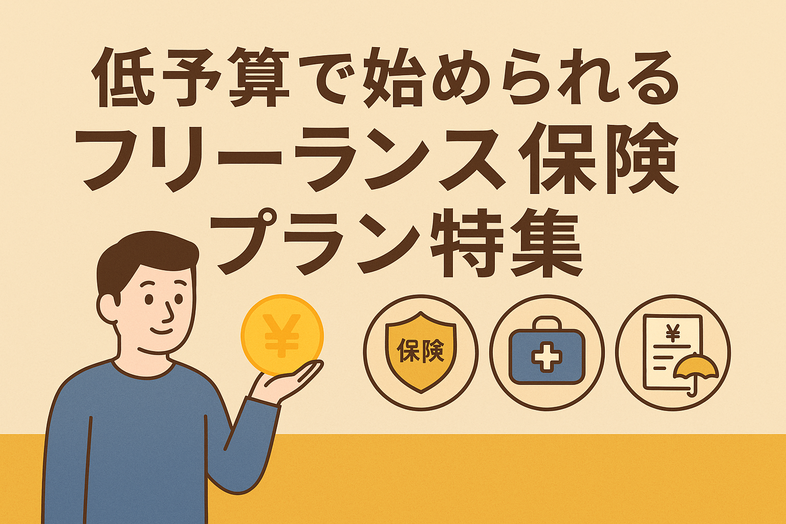 「低予算で始められるフリーランス保険プラン特集」のアイキャッチ画像。ベージュ背景に男性イラストと保険・医療・お金のアイコンが描かれている。
