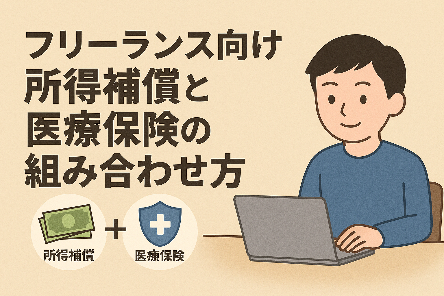 フリーランス向け所得補償と医療保険の組み合わせ方を解説するイラスト。ノートPCで働く人物と保険アイコンを配置したデザイン。