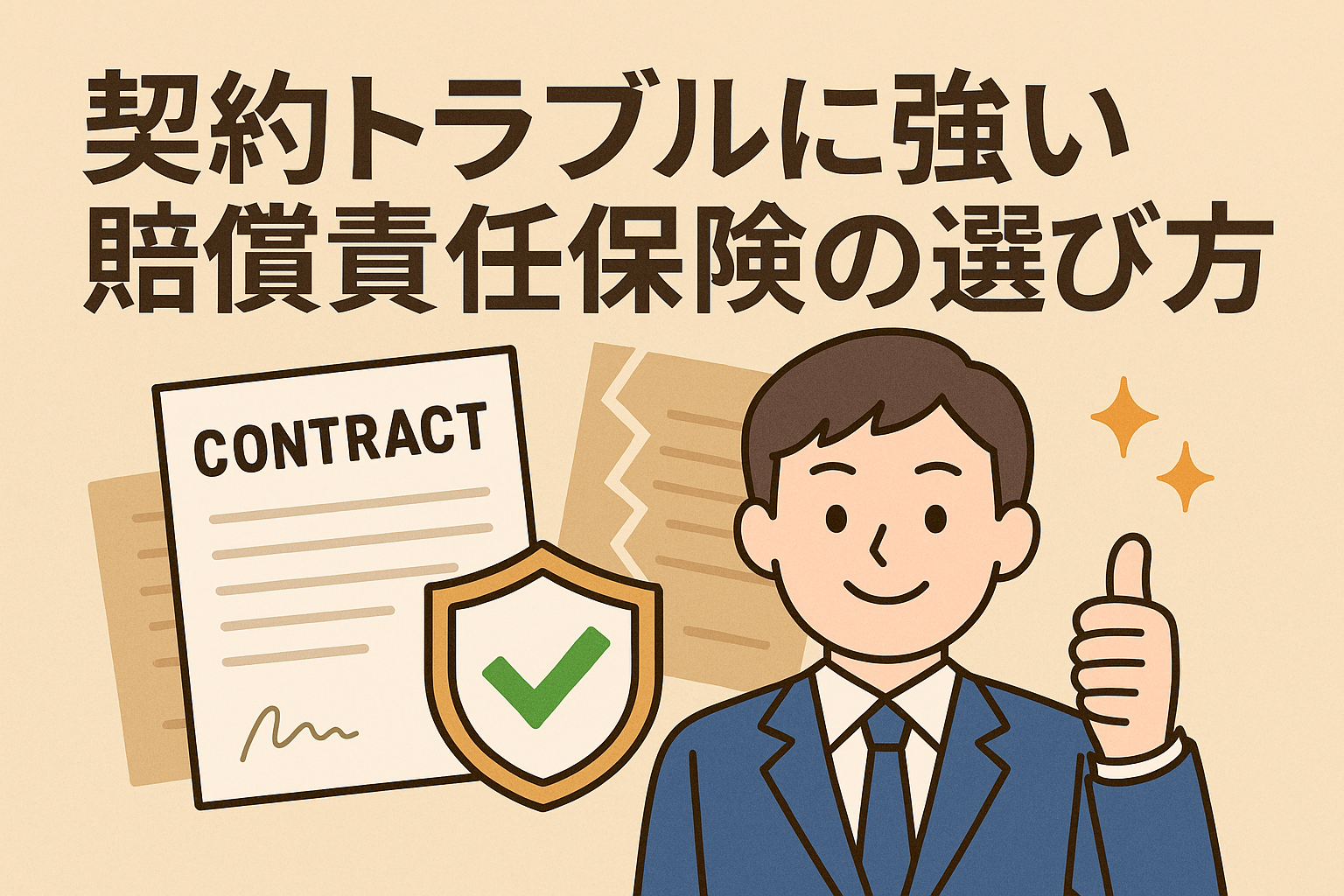 契約トラブルに強い賠償責任保険の選び方を解説するイラスト。契約書と盾のアイコン、スーツ姿の男性が安心の表情で親指を立てている。