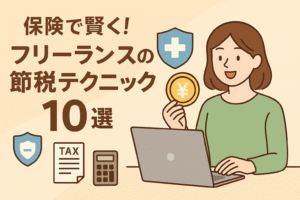保険を活用して節税するフリーランスを表したアイキャッチ。ベージュ背景に「保険で賢く！フリーランスの節税テクニック10選」の見出し、PC・円コイン・保険シールドのアイコン入り。
