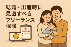 結婚・出産時に見直すべきフリーランス保険をテーマにしたイラスト。笑顔の夫婦と赤ちゃん、保険書類とノートPCが描かれた親しみやすいデザイン。