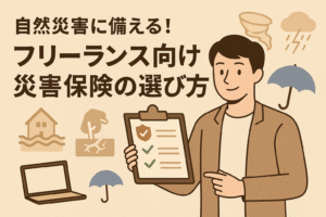 自然災害に備えるフリーランス向け災害保険の選び方を解説する記事用アイキャッチ画像。親しみやすいベージュ基調のデザインと日本語見出し入り。
