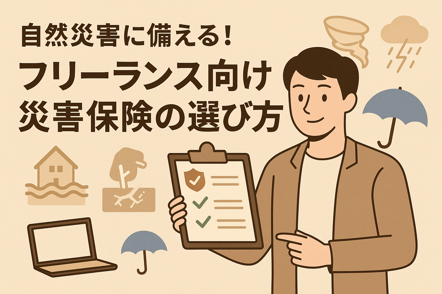 自然災害に備えるフリーランス向け災害保険の選び方を解説する記事用アイキャッチ画像。親しみやすいベージュ基調のデザインと日本語見出し入り。