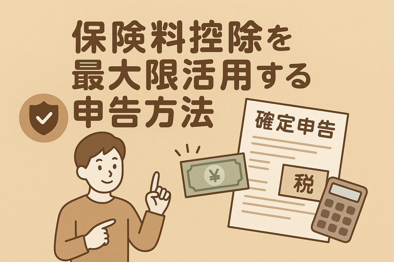 「保険料控除を最大限活用する申告方法」をテーマにした親しみやすいベージュ基調のアイキャッチ画像。日本語見出し入りで、税金や申告をイメージさせるデザイン。