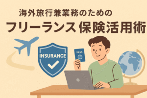 海外旅行と仕事を両立するフリーランス向け保険活用術のイメージ。スーツケースとノートPC、飛行機が描かれた親しみやすいデザイン。