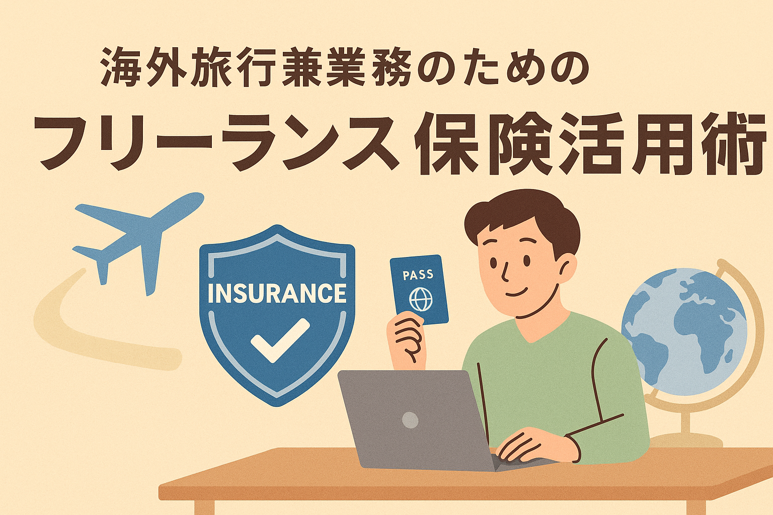 海外旅行と仕事を両立するフリーランス向け保険活用術のイメージ。スーツケースとノートPC、飛行機が描かれた親しみやすいデザイン。