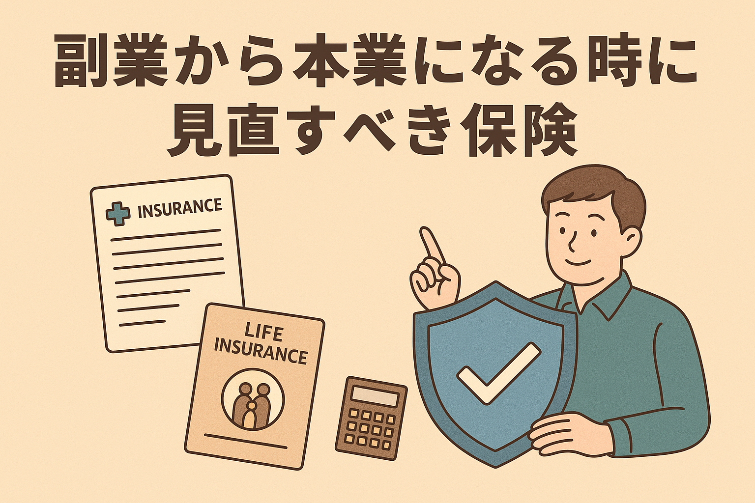「副業から本業になる時に見直すべき保険」という日本語タイトル入り。ベージュ背景に、保険証書・電卓・シールドを持つ人物のイラストで保険の重要性を表現。