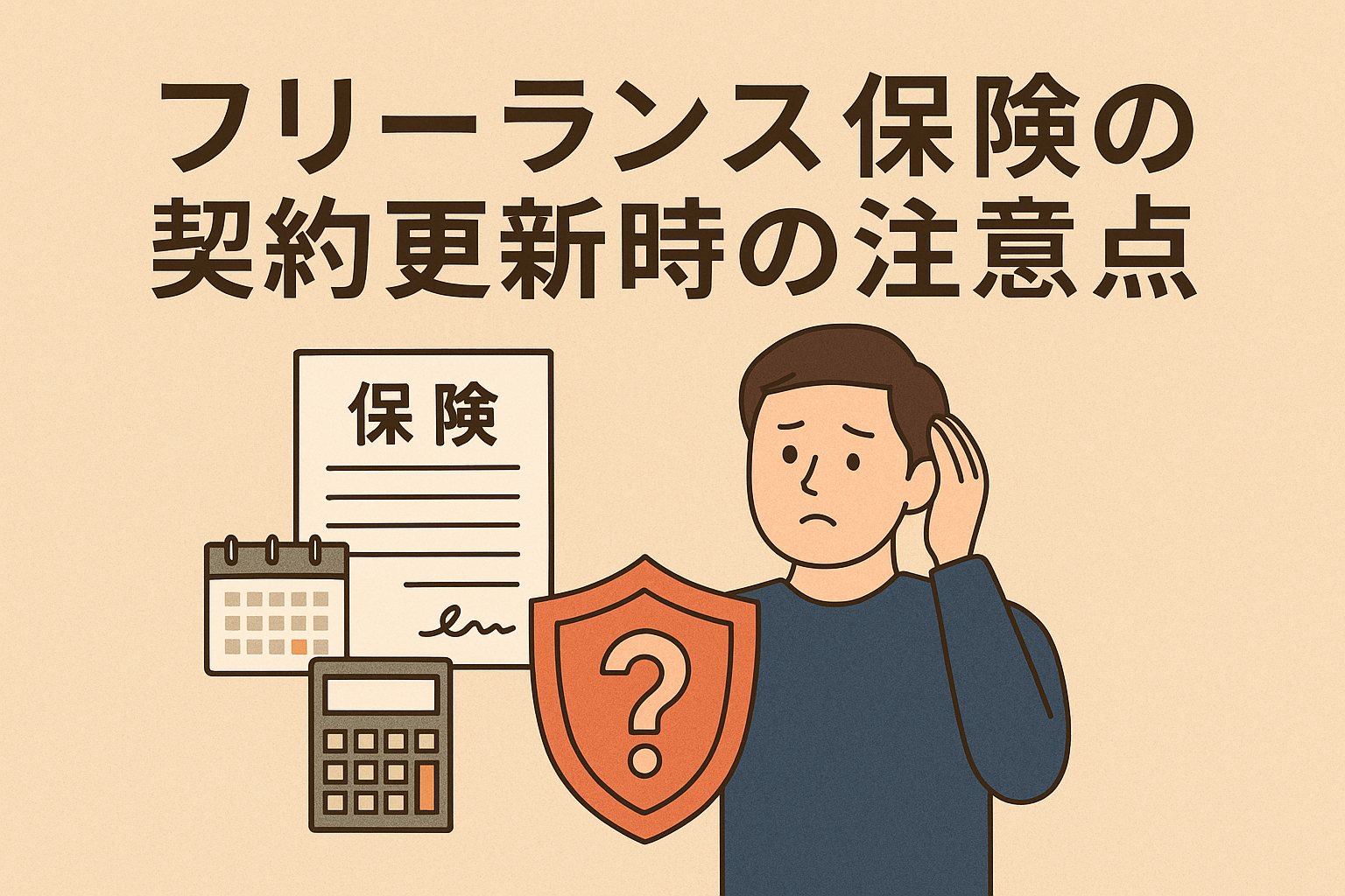 「フリーランス保険の契約更新時の注意点」という日本語タイトル入り。ベージュ背景に契約書・カレンダー・電卓と悩む男性のイラストを配置したデザイン。