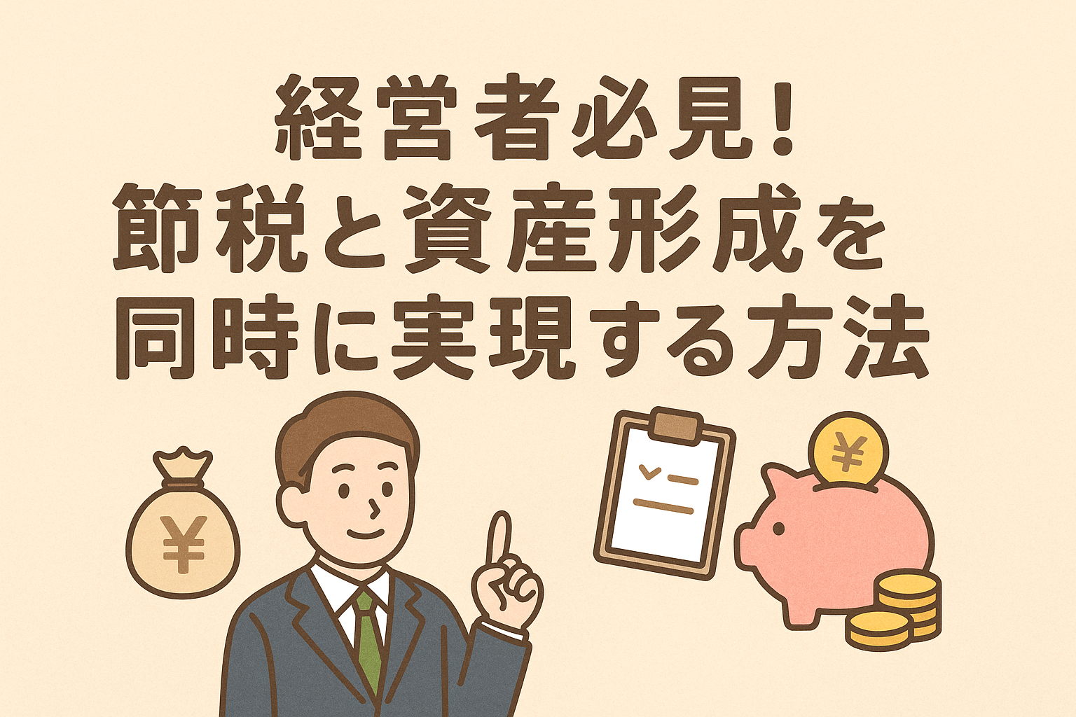 経営者向けの節税と資産形成を同時に実現する方法を解説する記事のアイキャッチ画像。ベージュを基調にした親しみやすいデザインで、日本語タイトル入り。