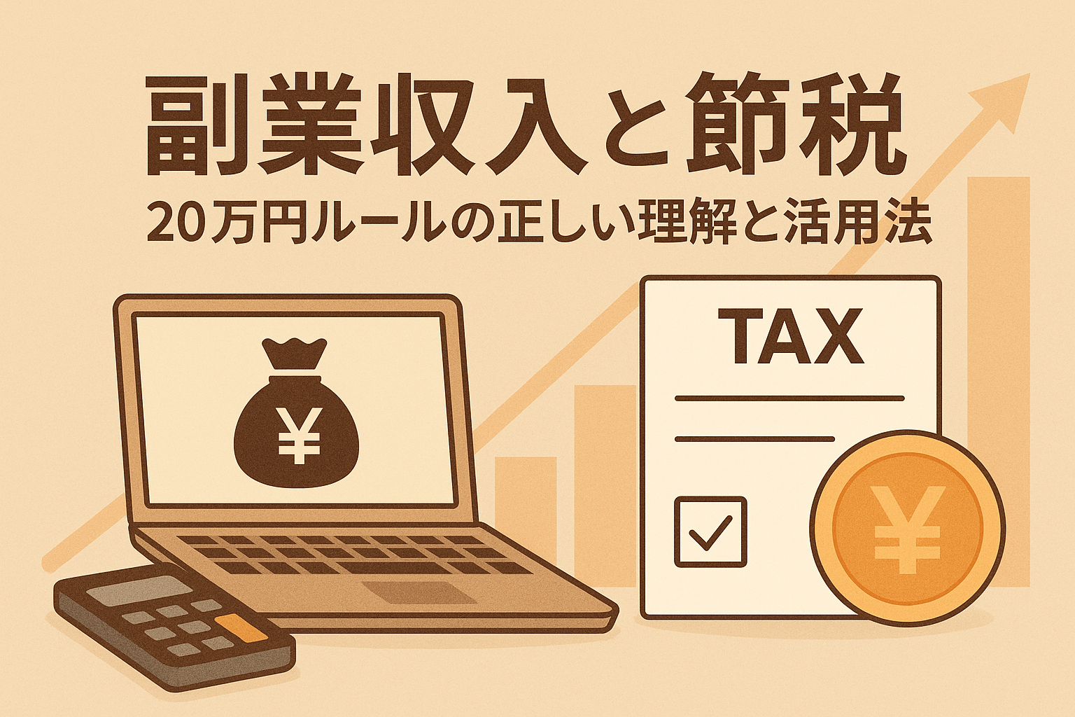 副業収入と節税をテーマにしたアイキャッチ画像。20万円ルールの正しい理解と活用法を示し、ノートPC・電卓・税金書類のイラストを配置。