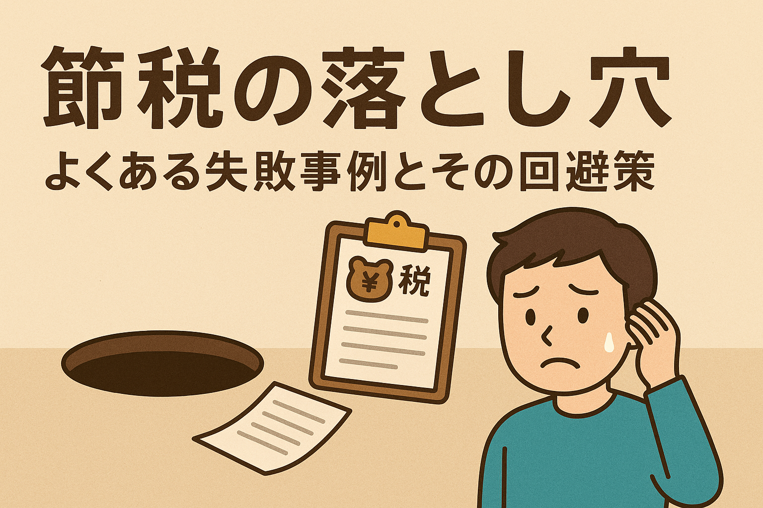 節税の落とし穴をテーマにしたアイキャッチ画像。税金の書類を前に悩む人物と落とし穴を描いたイラスト。