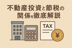 不動産投資と節税の関係を徹底解説する記事用アイキャッチ。ベージュ背景に大きな日本語見出し、建物・電卓・税金書類・円硬貨のアイコンを配置した親しみやすいデザイン。