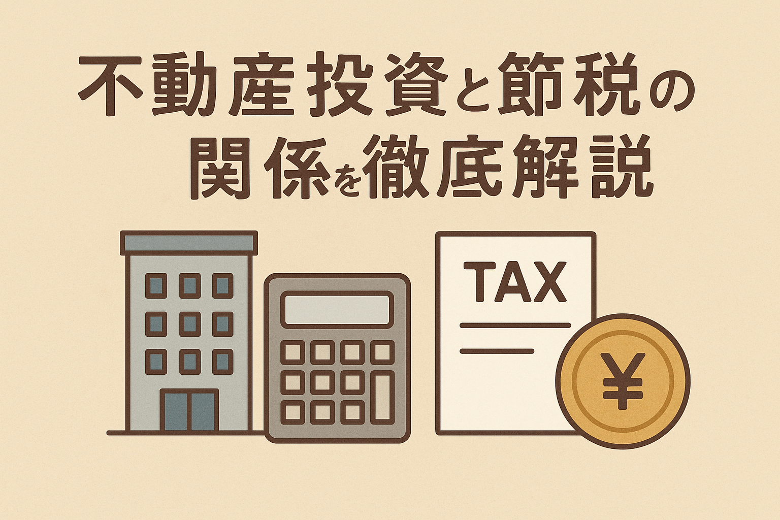 不動産投資と節税の関係を徹底解説する記事用アイキャッチ。ベージュ背景に大きな日本語見出し、建物・電卓・税金書類・円硬貨のアイコンを配置した親しみやすいデザイン。