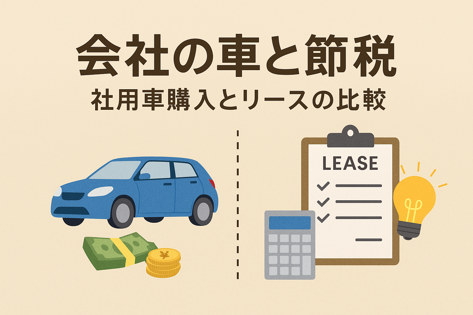 会社の車と節税に関するアイキャッチ画像。左に青い自動車とお金、右にリース契約書と電卓・電球が描かれ、購入とリースの比較を表現。