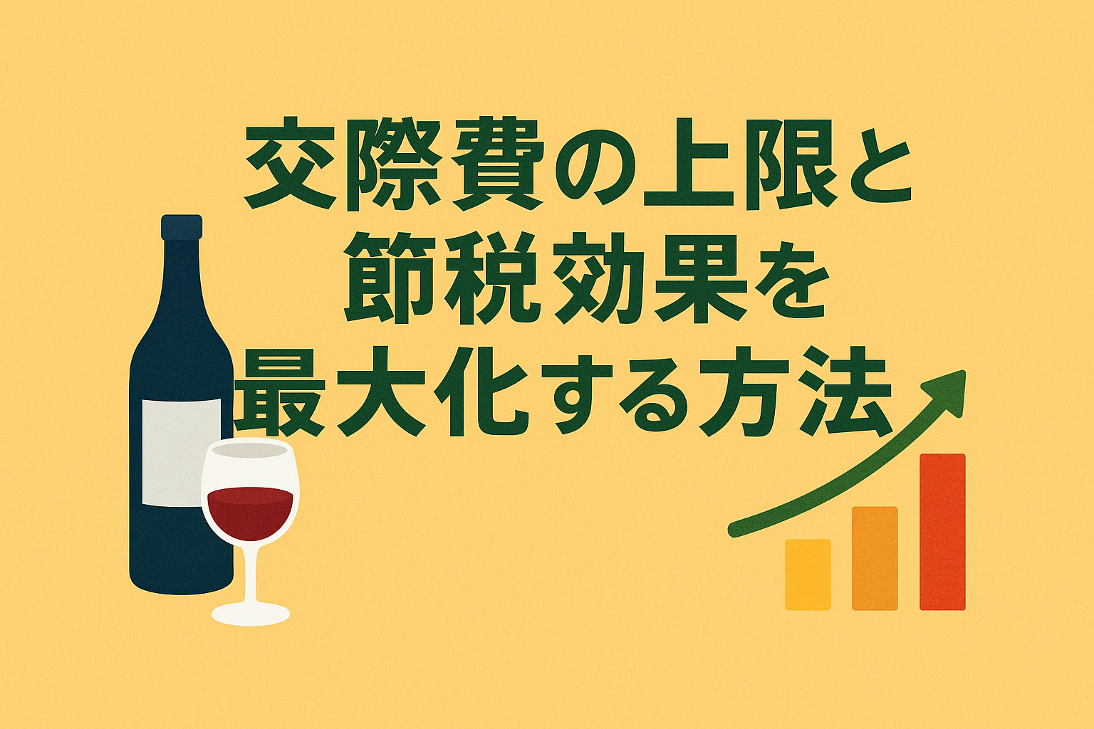 交際費の上限と節税効果を最大化する方法を表現したアイキャッチ画像。ワインボトルとグラス、上昇するグラフのイラスト入り。