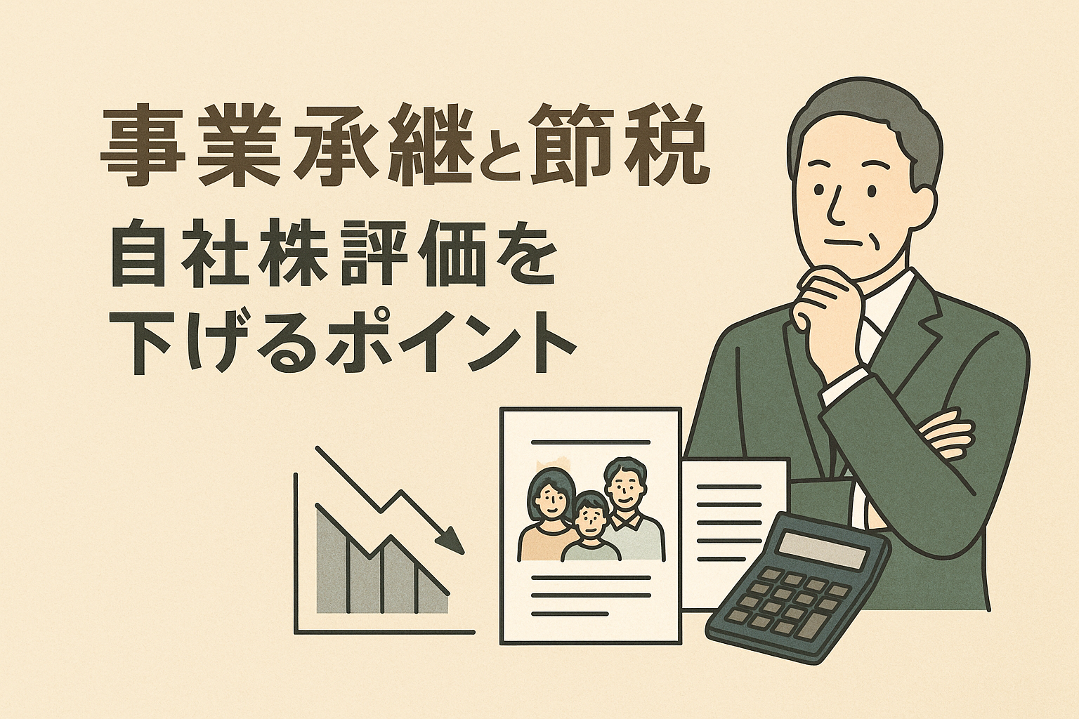 事業承継と節税に関する自社株評価引き下げのポイントを解説するイラスト。経営者と株式評価のグラフを描いた親しみやすいデザイン。