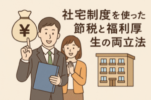社宅制度を活用した節税と福利厚生の両立をイメージした日本語タイトル入りイラスト。住宅と会社を組み合わせた親しみやすいデザイン。