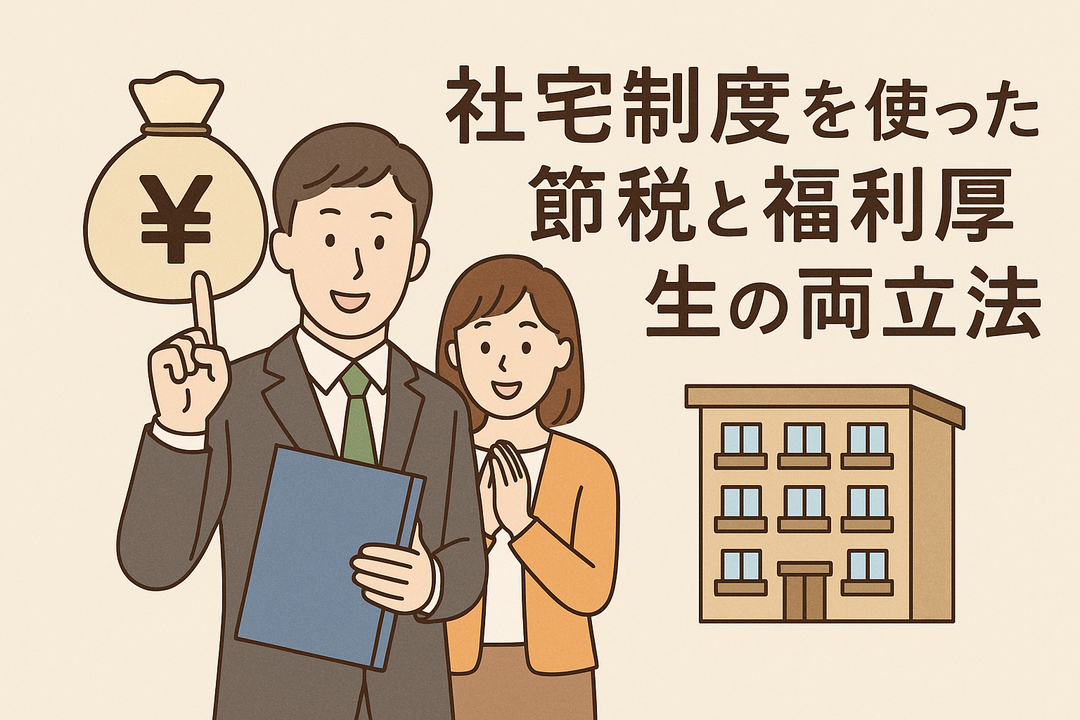 社宅制度を活用した節税と福利厚生の両立をイメージした日本語タイトル入りイラスト。住宅と会社を組み合わせた親しみやすいデザイン。