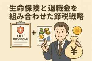 生命保険と退職金を組み合わせた節税戦略を解説するアイキャッチ画像。スーツ姿のビジネスマンと保険・退職金の書類、円マークの入ったお金袋が描かれている。